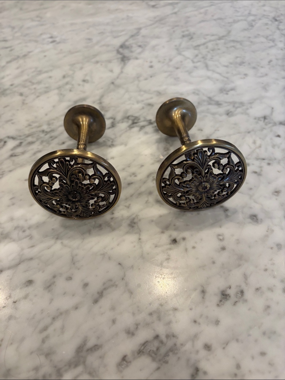 Ornate Round Brass Curtain Tieback Hooks - Antique Brass